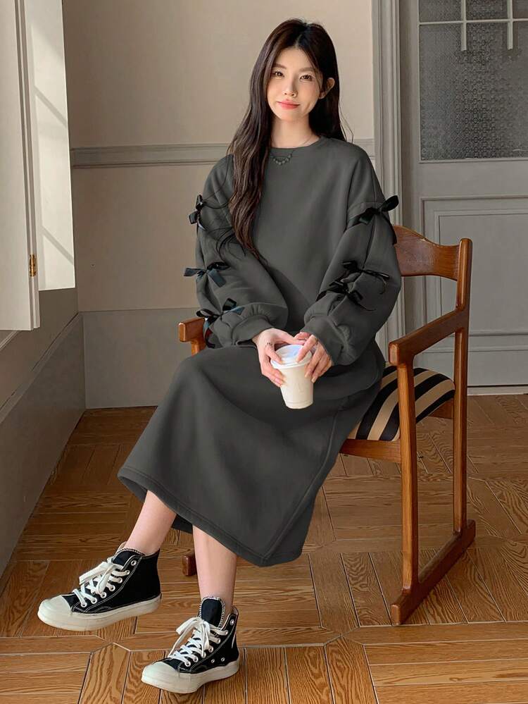 Women's Autumn/Winter Bow Decor Sweatshirt Midi Dress