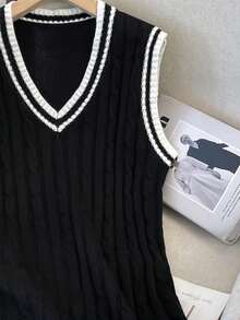 Manfinity Joysei Contrast Striped Trim V-Neck Cable Knit Casual Sweater Vest For Men, Fall Winter - Black - View 7