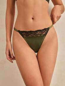 Charlaine Women's Contrast Lace Comfortable Thong Panties - Dark Green - View 1