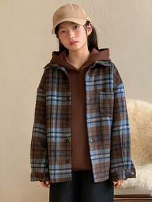 DAZY Tween Girls Plaid Long Sleeve Woven Jacket, Fall - Brown - View 3