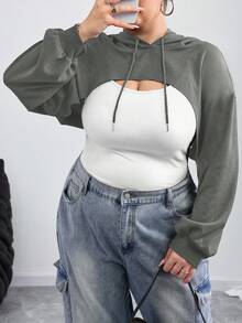 SHEIN CURVE+ 大码黑色针织超短款连帽毛衣，适合秋冬穿/秋冬 - 灰色 - 查看 2