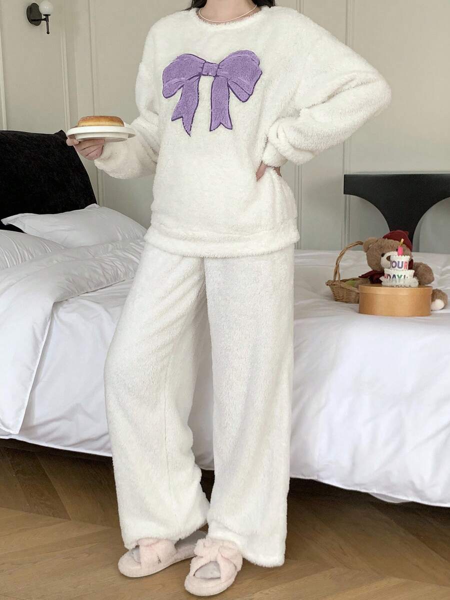 少女睡衣，1 套，毛绒面料蝴蝶图案半开襟宽松睡衣，冬季休闲家居服 - 紫色 - 查看 1
