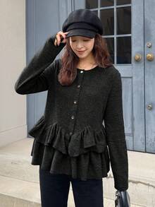 FRIFUL Women's Casual Solid Color Ruffle Hem Button Front T-Shirt, Autumn/Winter - Black - View 7