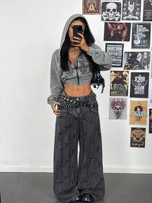 StreetHx Women's Y2K Style Gothic Retro Distressed Loose Hoodie Streetwear, Autumn/Winter - Grey - View 7