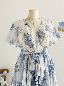 Soleia Áo cánh voan in hoa tay loe buộc nơ phía trước cho nữ cỡ lớn - Màu xanh lam - Xem 7