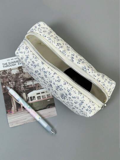 Floral Drawstring Bag 2-In-1: Makeup Pouch & Student Pencil Case, Cute Aesthetic Waterproof Cosmetic Bag For School, Travel, Gym | Portable Toiletry & School Supplies Organizer