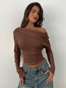 Aloruh Áo thun nữ dáng rộng bất đối xứng, áo thun trơn màu thắt nút xoắn, mặc đi làm hàng ngày và mặc ở nhà, áo thun dệt kim dài tay họa tiết lưới hoa - màu nâu - Xem 3