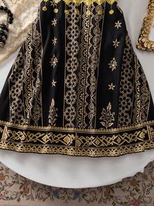 SHEIN Explorewe Tween Girls' Two Pieces Suit; Middle Eastern T-Shirt + Skirt Two Pieces Suit; Moon And Star Print, Simple And Versatile - Black - View 10