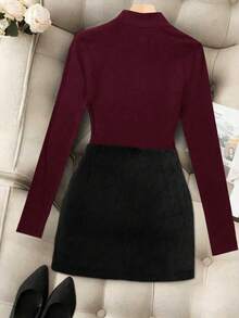 Franclia 女士纯色立领长袖T恤和百褶迷你裙两件套 - 彩色 - 查看 2