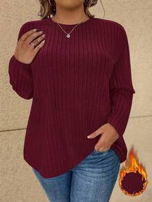 Vionelle 大码女式纯色圆领落肩长袖休闲罗纹T恤 - 酒紅色 - 查看 3