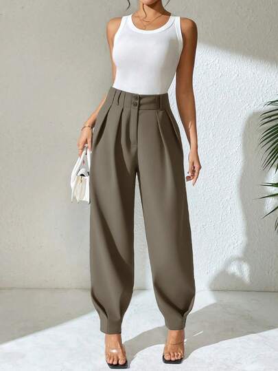 Xyvia Women's Elegant High Waist Double Button Decor Pleated Straight Leg Pants, Casual Suit Pants For Spring & Autumn Search Baggy Sage Green