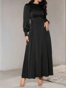 Veilorie Women's Solid Color Puff Sleeve Waist Tie Pleated Design Elegant Dress Black Dress - Black - View 3