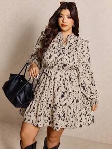 Elaquor Modisches Langarm-Kleid mit Allover-Muster in Große Größen, Herbst - Verschiedenfarbig - Übersicht 4