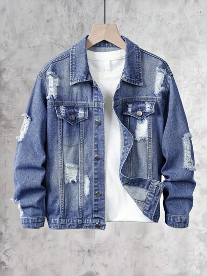 Vacaura Nuevas llegadas de otoño/invierno 2025 Chaquetas vaqueras de mezclilla azul medio desgastadas y vintage para niños preadolescentes, ajuste holgado, ropa casual adecuada para uso diario, escuela, salidas, Halloween, Navidad