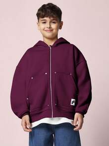 SUMWON Boys Oversized Zip Up Hoodie With Hood And Centre Pocket Casual Streetwear Sweatshirt For Fall Winter School Daily Wear Vacation - Purple - View 2