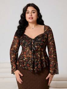 SHEIN EZwear قميص تي شيرت طويل الأكمام ذو أكمام واسعة مع عقدة أمامية، طباعة زهور صغيرة، قماش مطاطي شبكي، مناسب للكاجوال والمواعدة والتنقل والحفلات، مقاسات كبيرة - متعدد الألوان - مشاهدة 4