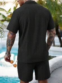 Manfinity RSRT 2 Pcs/Set Men's Solid Color Button-Down Hollow Shirt And Shorts Set, Vacation Solid Color Husband Casual Wear, Suitable For Vacation, Seaside Beach, Daily Leisure,Summer Wear Sets For Men Men Shirt Co Ords Men Outfits 2 Pieces, Cozy Outfits