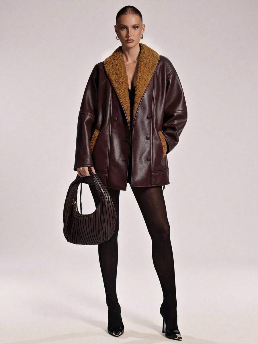 SHEIN BAE 秋冬女士时尚仿皮草大衣 - 酒紅色 - 查看 1