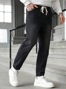 Manfinity Homme 男士抽绳腰带口袋直筒宽松休闲百搭牛仔裤 - 黑色 - 查看 4