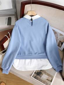 SHEIN Áo nỉ nữ tuổi teen cổ sơ mi phối nhiều mảnh, trang trí nơ, tay dài, kiểu chui đầu, co giãn, thích hợp cho mùa thu/đông. - Màu xanh lam - Xem 2