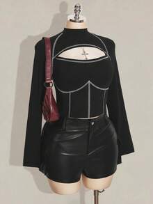 SHEIN ICON 大码女式白色撞色滚边黑色修身T恤 - 黑色 - 查看 4
