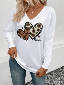 EMERY ROSE 女士玫瑰爱心印花V领长袖T恤，休闲百搭，春夏款 - 白色 - 查看 6