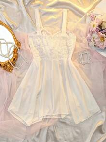DelicateAllure Váy ngủ ren lưới chắp vá gợi cảm cỡ lớn trang trí nơ, ngày lễ tình nhân - trắng - Xem 6