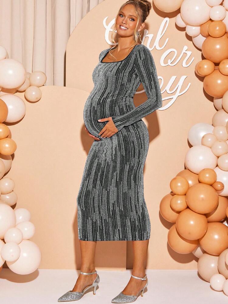 Loomaby Maternity Fashionable Party Glitter Bodycon Dress Long Sleeve Maternity Dress Babyshower Dress Maternity Bump Friendly Dress Pregnancy Photoshoot Dress Maternity Dress - Silver - View 3