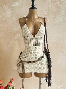 Soleia 性感细肩带 V 领镂空木珠装饰紧身连衣裙，度假细肩带系带渐变色针织连衣裙，适合度假、约会、下午茶、音乐节、波西米亚风 - 杏色 - 查看 1