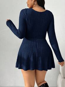 SHEIN EZwear 大码藏蓝色长袖连体裤，秋季休闲款 - 寶藍色 - 查看 2
