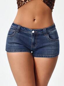 Jeanoix Quần short denim bó sát có túi tiện dụng cỡ lớn dành cho nữ - Rửa tối - Xem 5