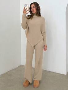 Aloruh 女士纯色高领蝙蝠袖不对称下摆毛衣和针织裤休闲两件套，秋冬款 - 黃色 - 查看 8