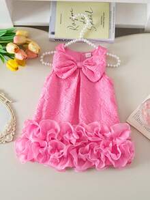 SHEIN Baby Girls' Elegant Sleeveless Bow Decor Ruffle Mesh Dress, Minimalist Fashion For Spring/Summer - Pink - View 7