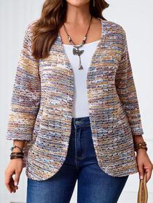 Miaspire Plus Size Vacation Casual Colorful Floral Mesh Pointelle Knit Open Front 3/4 Sleeve Fitted Cropped Coat For Women, Suitable For Early Autumn Knitted Coat For  Country Concert Boho ,Spring - Multicolor - View 6