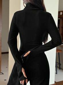 SHEIN EZwear 針織女士修身長袖t恤,印有字母圖案 - 黑色 - 查看 2