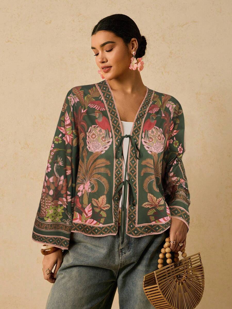 Travachic Plus Size Autumn Vacation Plant Print Front Tie Shirt