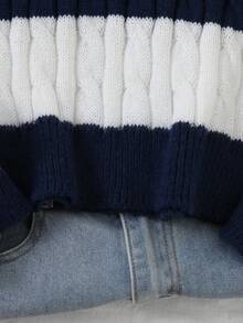 Blue & White Striped Twist Knit Sweater For Women, Casual Loose Fit Round Neck Striped Patchwork Pullover, Suitable For Autumn/Winter, Christmas, Halloween, New Year Party Blue And White Stripe Sweater Navy Blue Sweater Sweaters For Girls Blue And White Casual Sweater Striped Sweater Teen Blue And White Set Sweaters For Teens - White - View 5