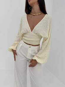 Aloruh Women's Elegant Alluring Deep Shirred Cinched Waist Pullover Long Sleeve Lantern Cuff Blouse - Beige - View 7