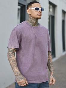 Devon Thys Men's Washed Casual Style, Creative Cartoon Pattern Short Sleeve T-Shirt, Comfortable For Daily Wear, Suitable For Going Out And Staying Home In Summer - Purple - View 1