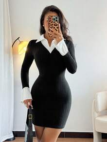 Rafferiza Autumn And Winter Women's Black 2 In 1 Tight Sexy Elegant Hot Girl Sanded Pit Black Hip-Wrapped Women's Short Dress Women's Autumn Matching Autumn And Winter Women's Autumn Dress - Black - View 3