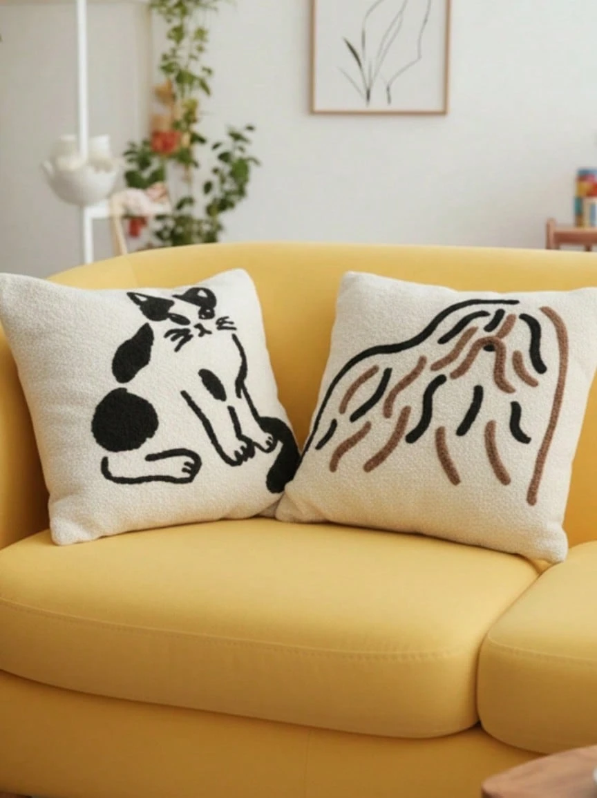 Joivida 1 件猫狗毛绒枕套，宠物卡通刺绣抱枕套，沙发/卧室加厚靠垫套 - 米色 - 查看 1