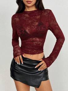 EgrlEra Women's Lace Elastic Peony Floral Sheer Sexy Blouse (Random Cut) - Maroon - View 3