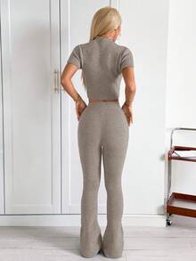 SHEIN EZwear Women's Solid Color Crew Neck Ribbed Design Sleeveless Knit Top And Flared Pants Fashion Versatile Set - Coffee Brown - View 2