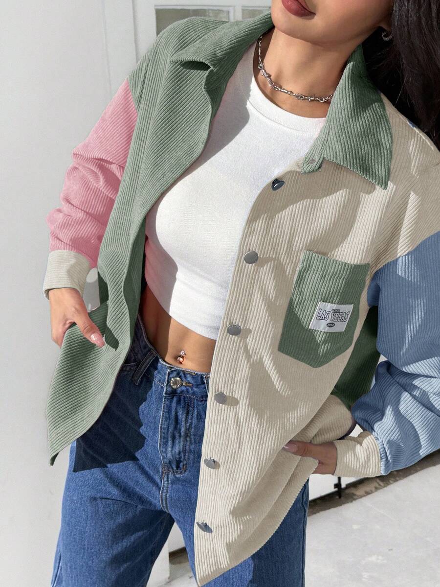 SHEIN EZwear 撞色落肩字母拼接灯芯绒外套罩衫夹克夏季短款夹克女式夹克街头风女装 - 彩色 - 查看 1