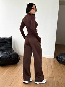 SHEIN PETITE 2pcs Women Casual Solid Color Stand Collar Fitted Long Sleeve T-Shirt & Drawstring Waist Straight Pants Set, Suitable For Autumn/Winter - Brown - View 3