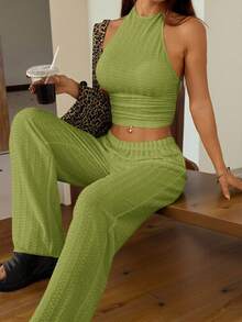 SHEIN EZwear 青柠绿针织女式休闲紧身两件套 - 青檸色 - 查看 6