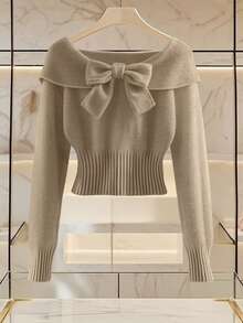 Franclia 女士简约时尚翻领蝴蝶结露肩长袖纯色针织套头衫秋冬女装女士毛衣短款上衣毛衣上衣蝴蝶结毛衣露肩毛衣女士秋装秋季女装秋季秋装女装秋季女装秋季女装秋季女装秋季女装优雅时尚休闲通勤商务办公日常休闲百搭气质都市教师职业装 - 卡其色 - 查看 1