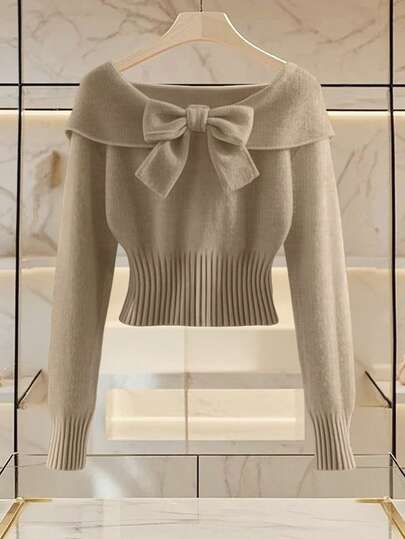 Franclia 女士简约时尚翻领蝴蝶结露肩长袖纯色针织套头衫秋冬女装女士毛衣短款上衣毛衣上衣蝴蝶结毛衣露肩毛衣女士秋装秋季女装秋季秋装女装秋季女装秋季女装秋季女装秋季女装优雅时尚休闲通勤商务办公日常休闲百搭气质都市教师职业装