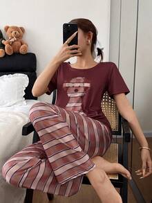 SHEIN 2pcs Cute Puppy Print Pajama Set, Short Sleeve Top And Long Pants Pajama Sets For Women Round Neck Summer Pijama Sets For Women Lounge Wear Women Set Sleep Wear Women Set Pajamas Set For Woman
