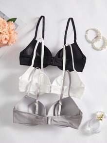 DesireSculpt 3pcs/Set Women's Simple Underwire Bra, Supportive Casual Bra Push Up Bra Lingerie Set No Wire Bra Set Bras Cute Bra Tops Push Up Bra Set